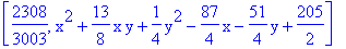 [2308/3003, x^2+13/8*x*y+1/4*y^2-87/4*x-51/4*y+205/2]